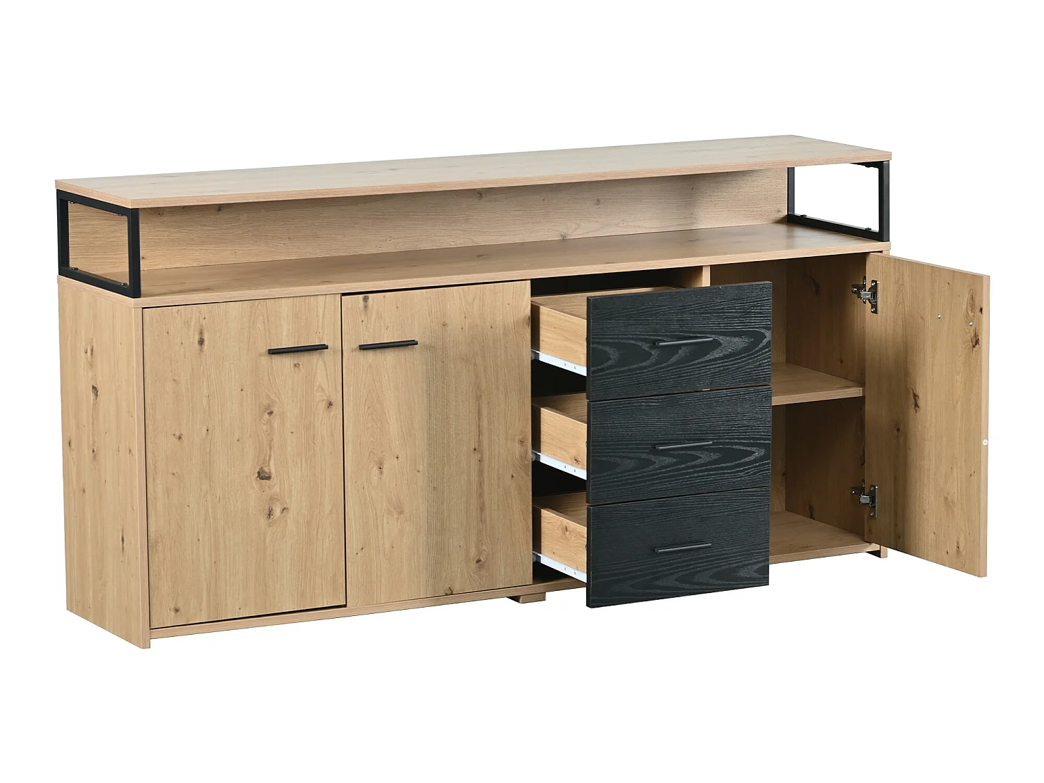 Credenza con 3 ante e 3 cassetti - pannello truciolare - colori naturale e nero