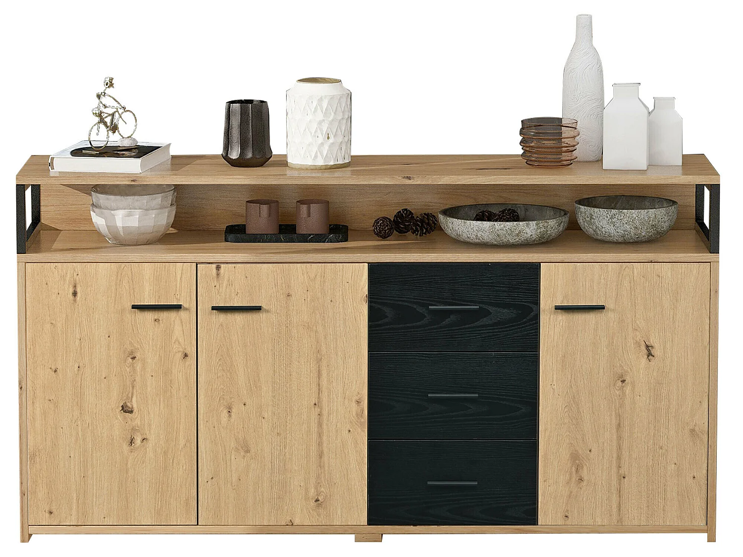 Credenza con 3 ante e 3 cassetti - pannello truciolare - colori naturale e nero