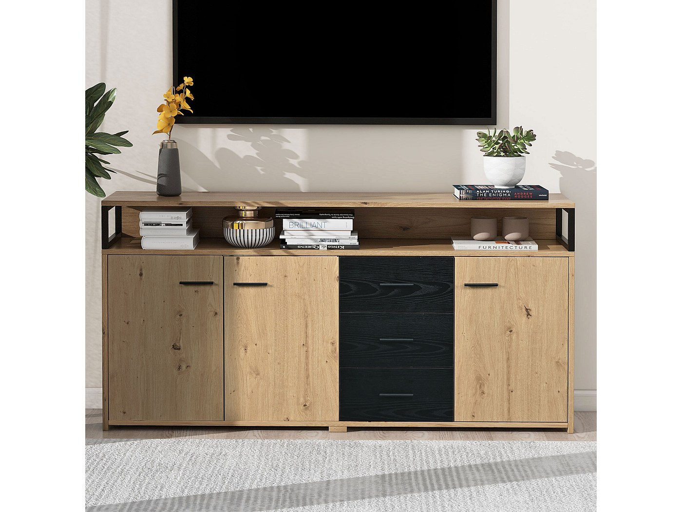 Vente-unique-Buffet 3 Portes Et 3 Tiroirs En MDF - Naturel Et Noir