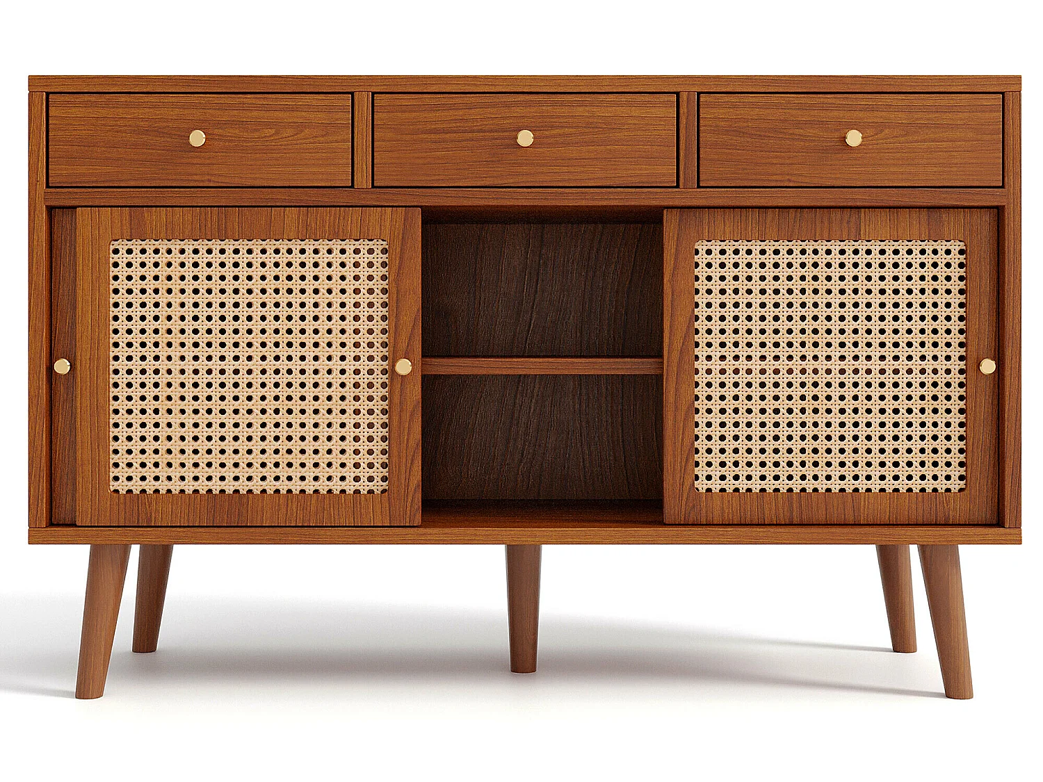 Sideboard mit 3 Schiebetüren und 3 Schubladen aus MDF – Rattan-Effekt – Walnussfarbe