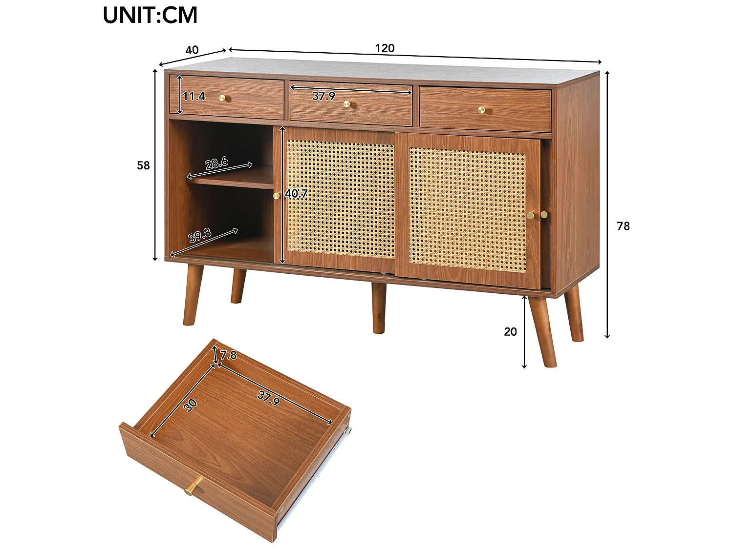 Aparador com 3 portas de correr e 3 gavetas em MDF - efeito rattan - cor nogueira