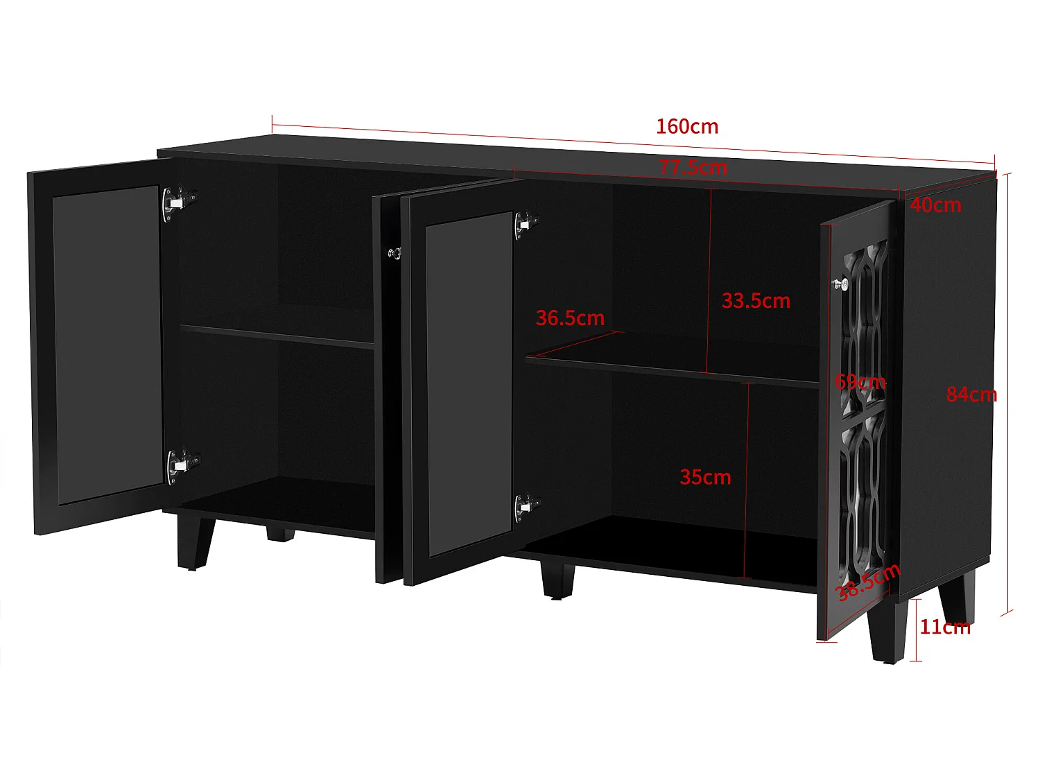 Buffet avec 4 portes miroir en MDF - étagère réglable - coloris noir