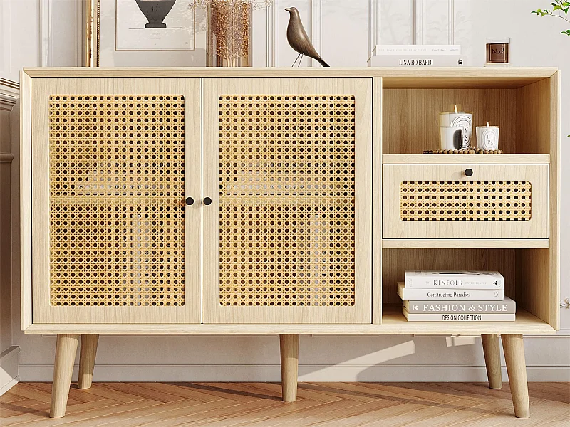 Buffet avec 2 portes, 1 tiroirs et 2 niches en MDF - effet rotin - coloris naturel