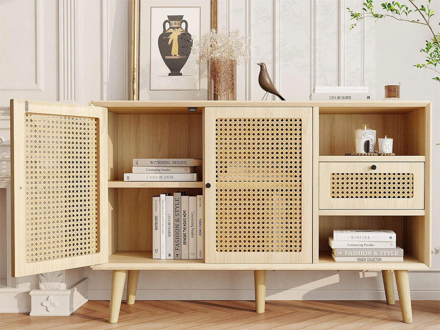 Buffet avec 2 portes, 1 tiroirs et 2 niches en MDF - effet rotin - coloris naturel