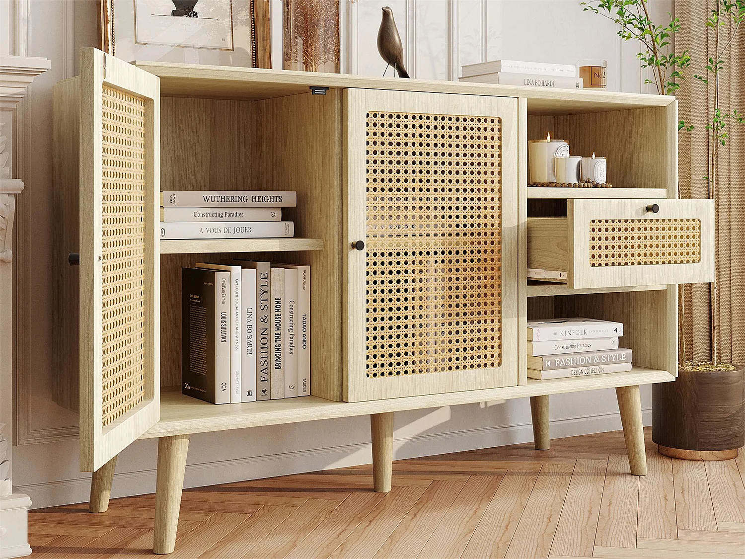 Buffet avec 2 portes, 1 tiroirs et 2 niches en MDF - effet rotin - coloris naturel