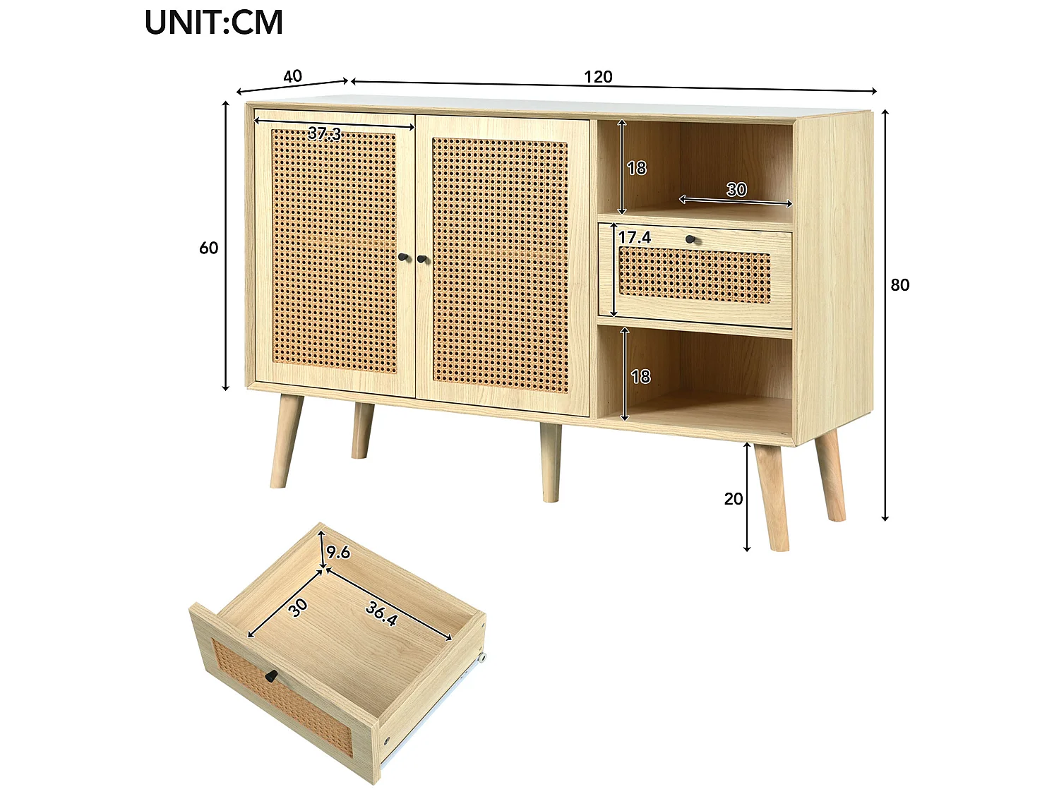 Buffet avec 2 portes, 1 tiroirs et 2 niches en MDF - effet rotin - coloris naturel