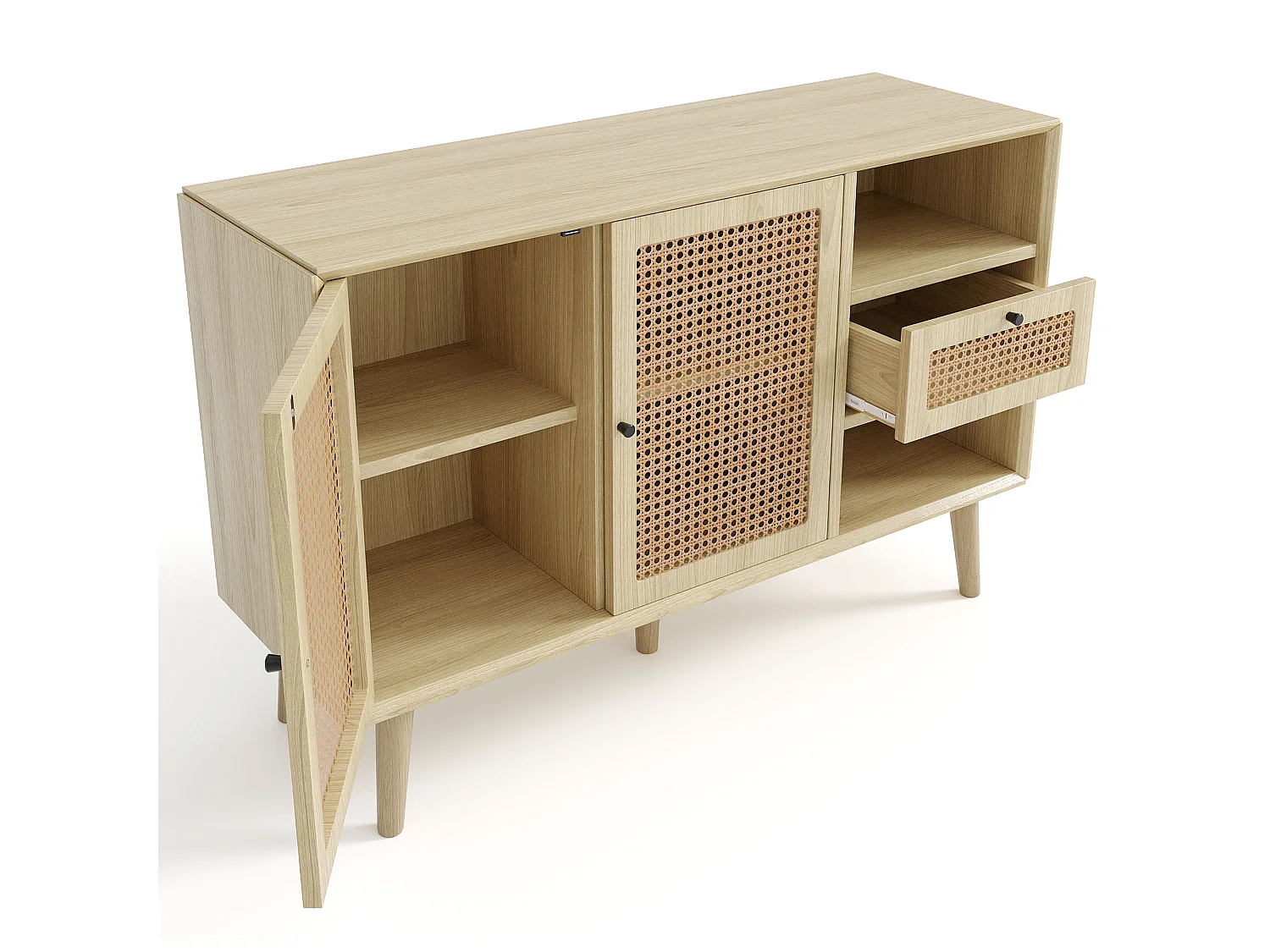 Buffet avec 2 portes, 1 tiroirs et 2 niches en MDF - effet rotin - coloris naturel
