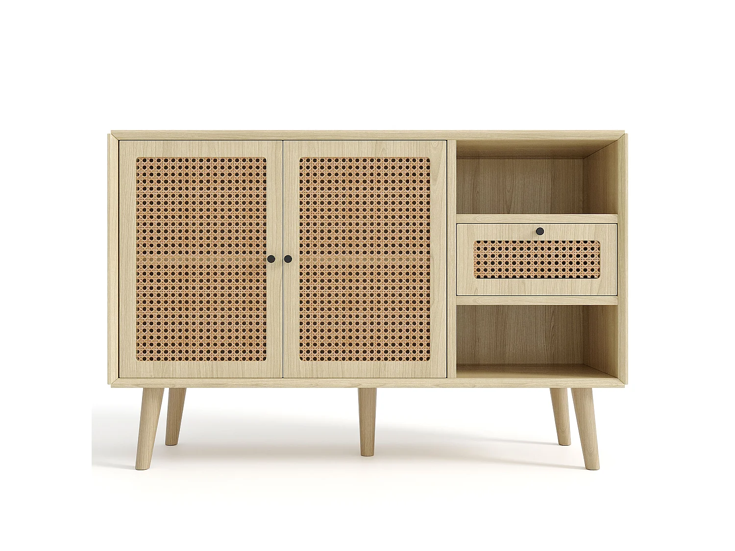 Buffet avec 2 portes, 1 tiroirs et 2 niches en MDF - effet rotin - coloris naturel