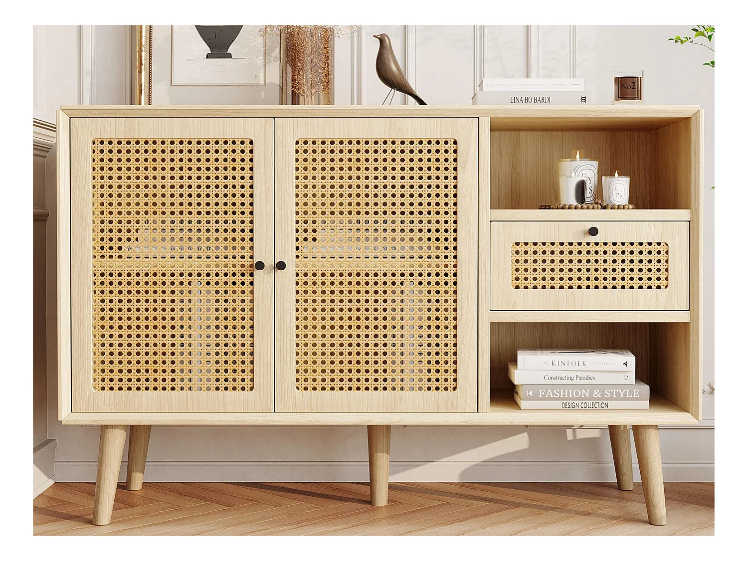 Buffet avec 2 portes, 1 tiroirs et 2 niches en MDF - effet rotin - coloris naturel