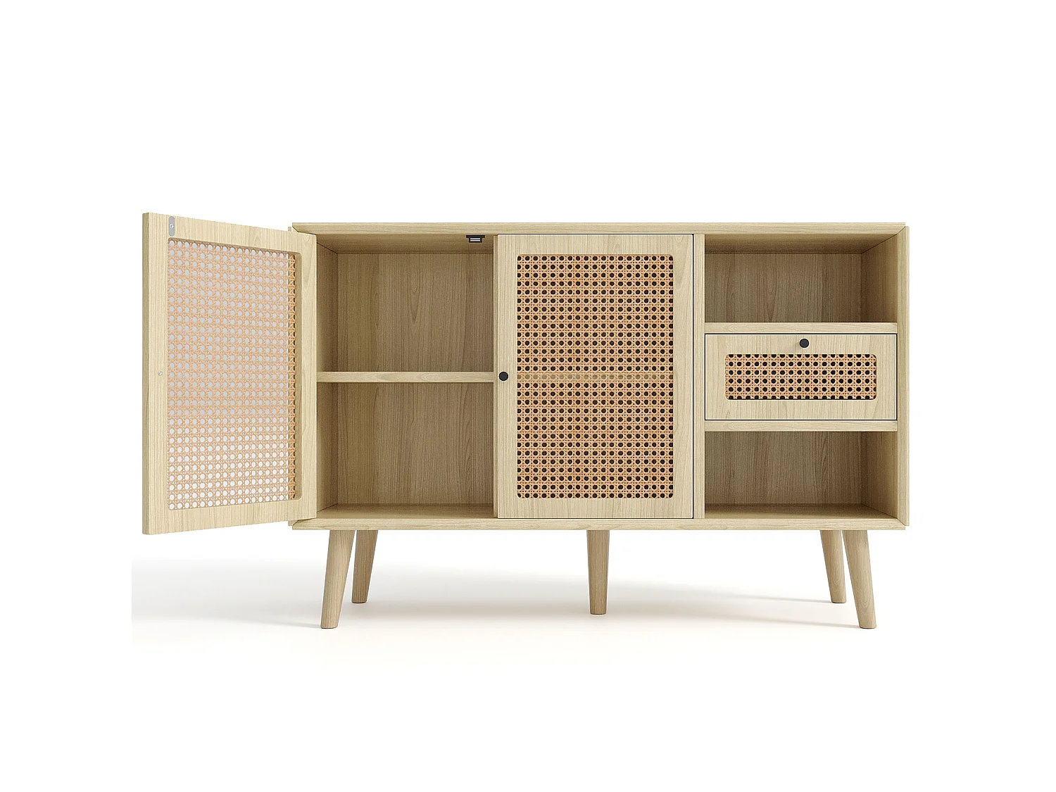 Buffet avec 2 portes, 1 tiroirs et 2 niches en MDF - effet rotin - coloris naturel