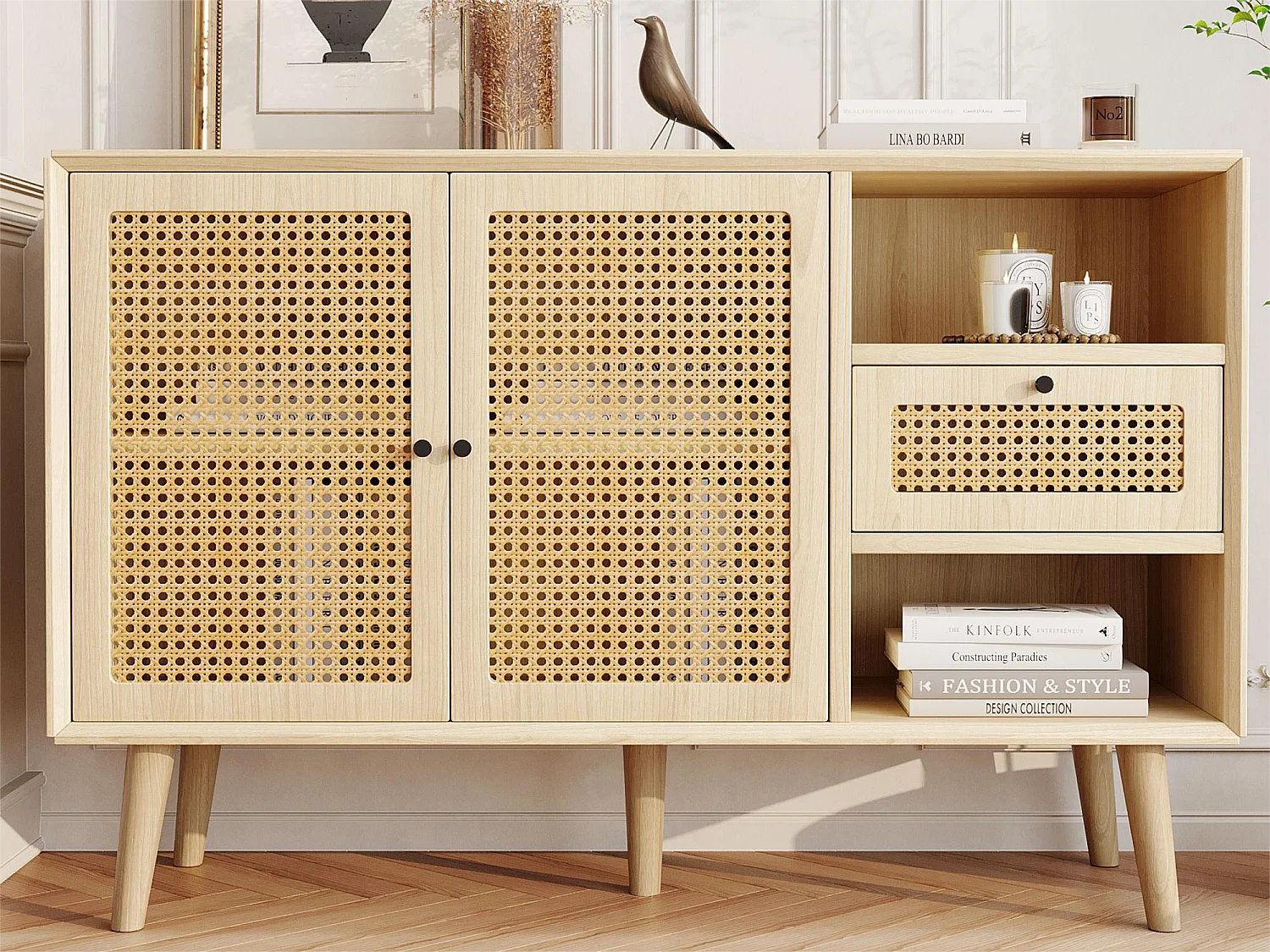 Buffet avec 2 portes, 1 tiroirs et 2 niches en MDF - effet rotin - coloris naturel