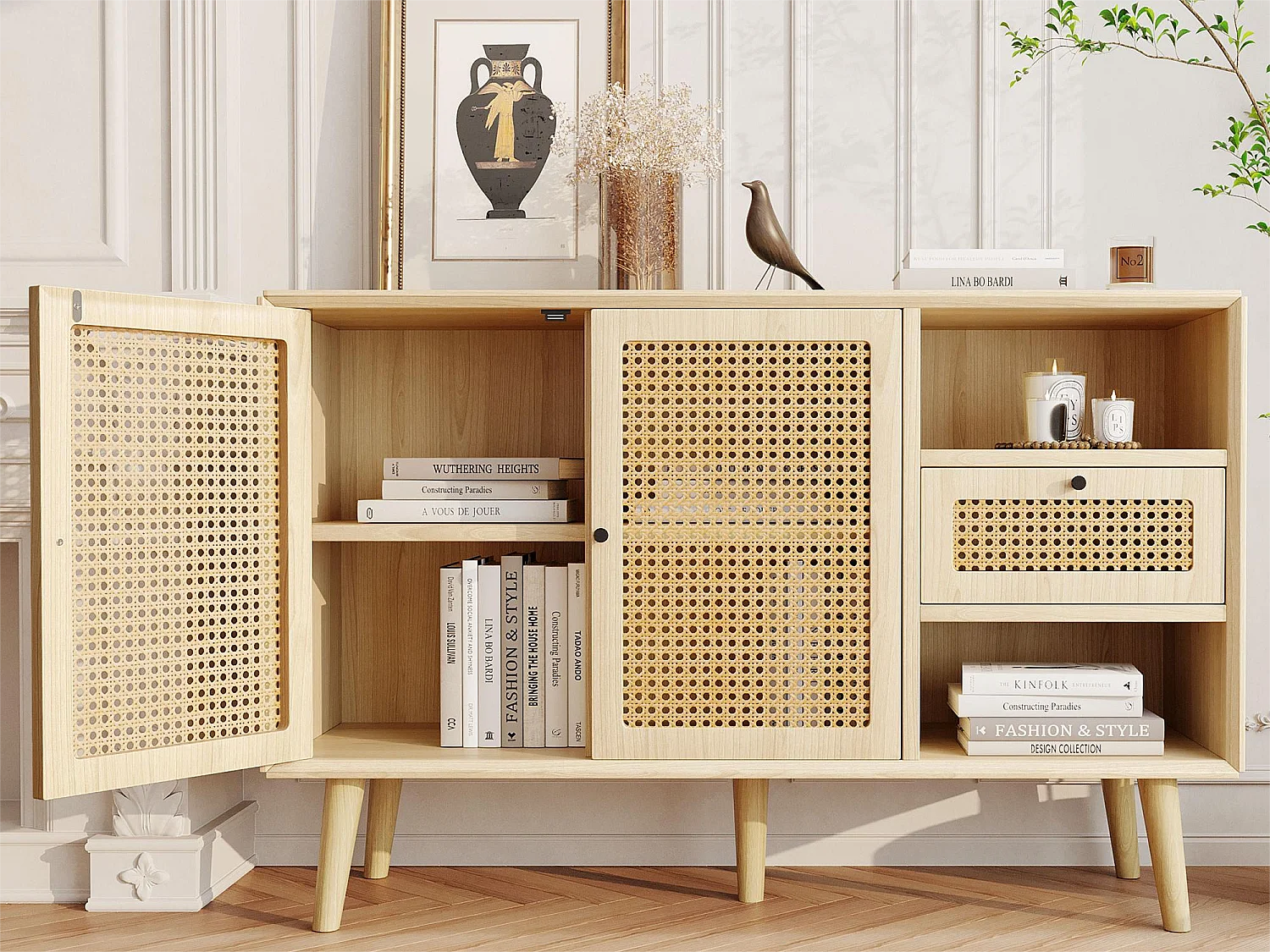 Buffet avec 2 portes, 1 tiroirs et 2 niches en MDF - effet rotin - coloris naturel