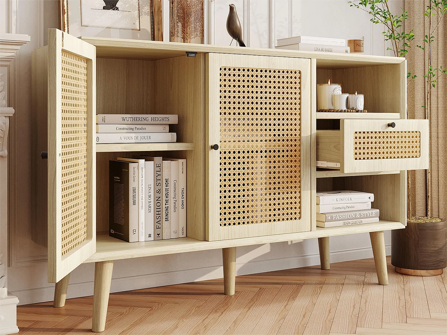 Buffet avec 2 portes, 1 tiroirs et 2 niches en MDF - effet rotin - coloris naturel