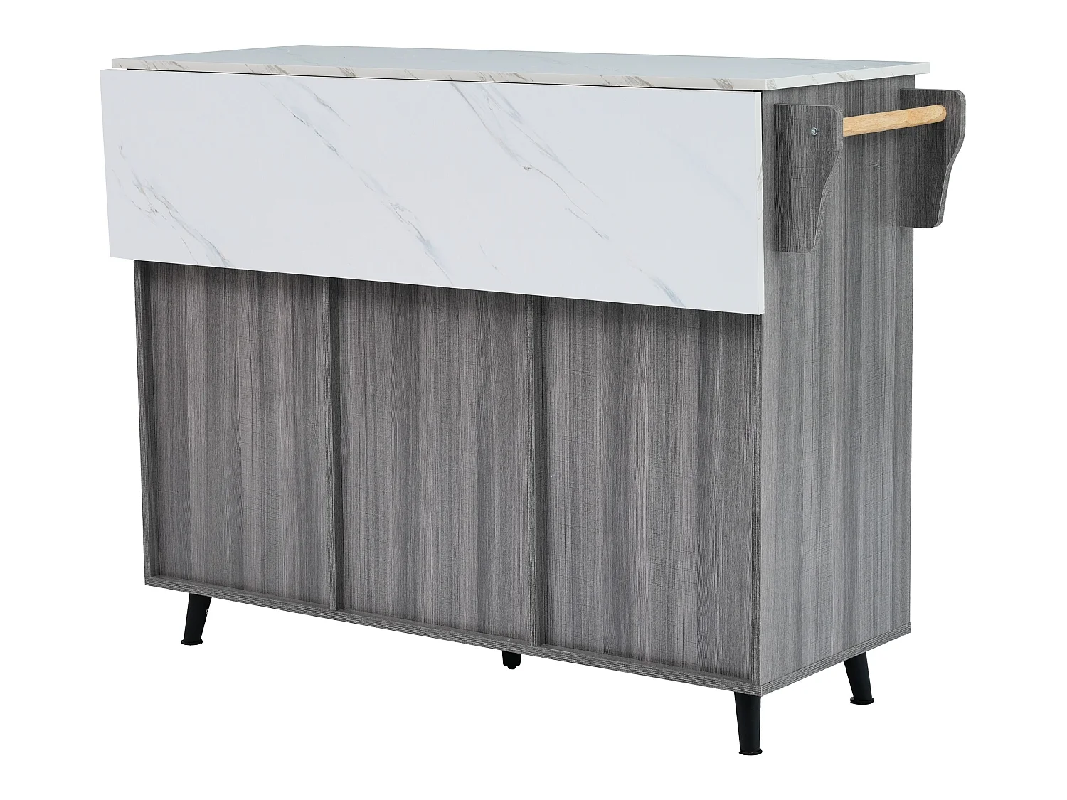 Komoda z 3 drzwiami i 2 szufladami - biały marmurowy panel rozszerzający - 5 kółek / nogi z litego drewna - szara