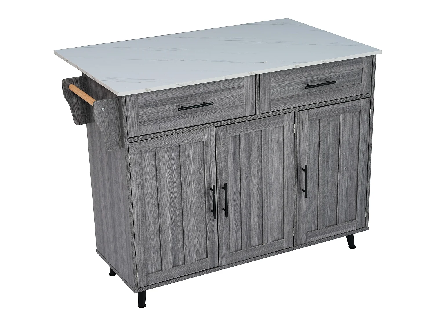 Komoda z 3 drzwiami i 2 szufladami - biały marmurowy panel rozszerzający - 5 kółek / nogi z litego drewna - szara