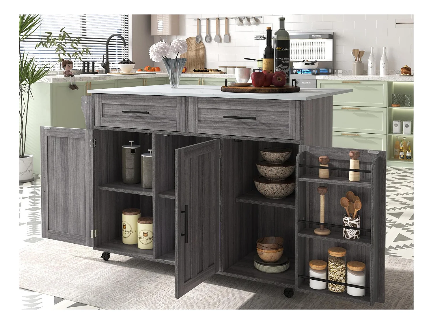 Sideboard mit 3 Türen und 2 Schubladen – Verlängerungsplatte aus weißem Marmor – 5 Rollen / Beine aus Massivholz – Grau