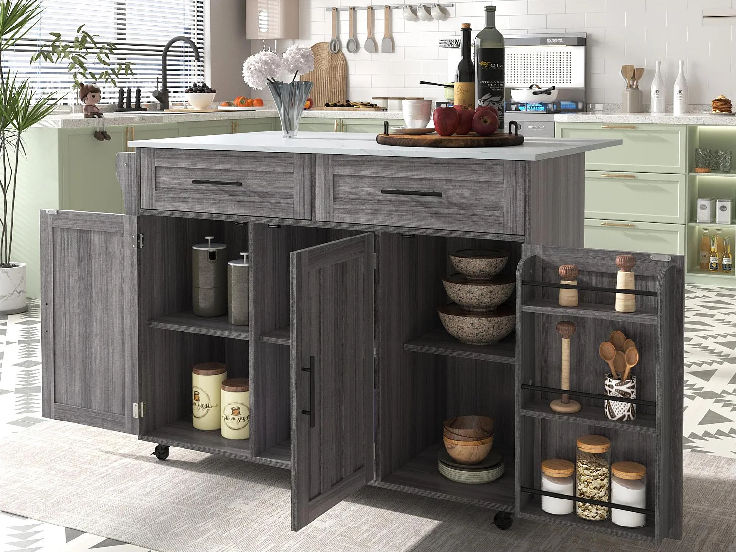 Buffet avec 3 portes et 2 tiroirs - panneau d'extension marbre blanc - 5 roulettes / pieds en bois massif - gris