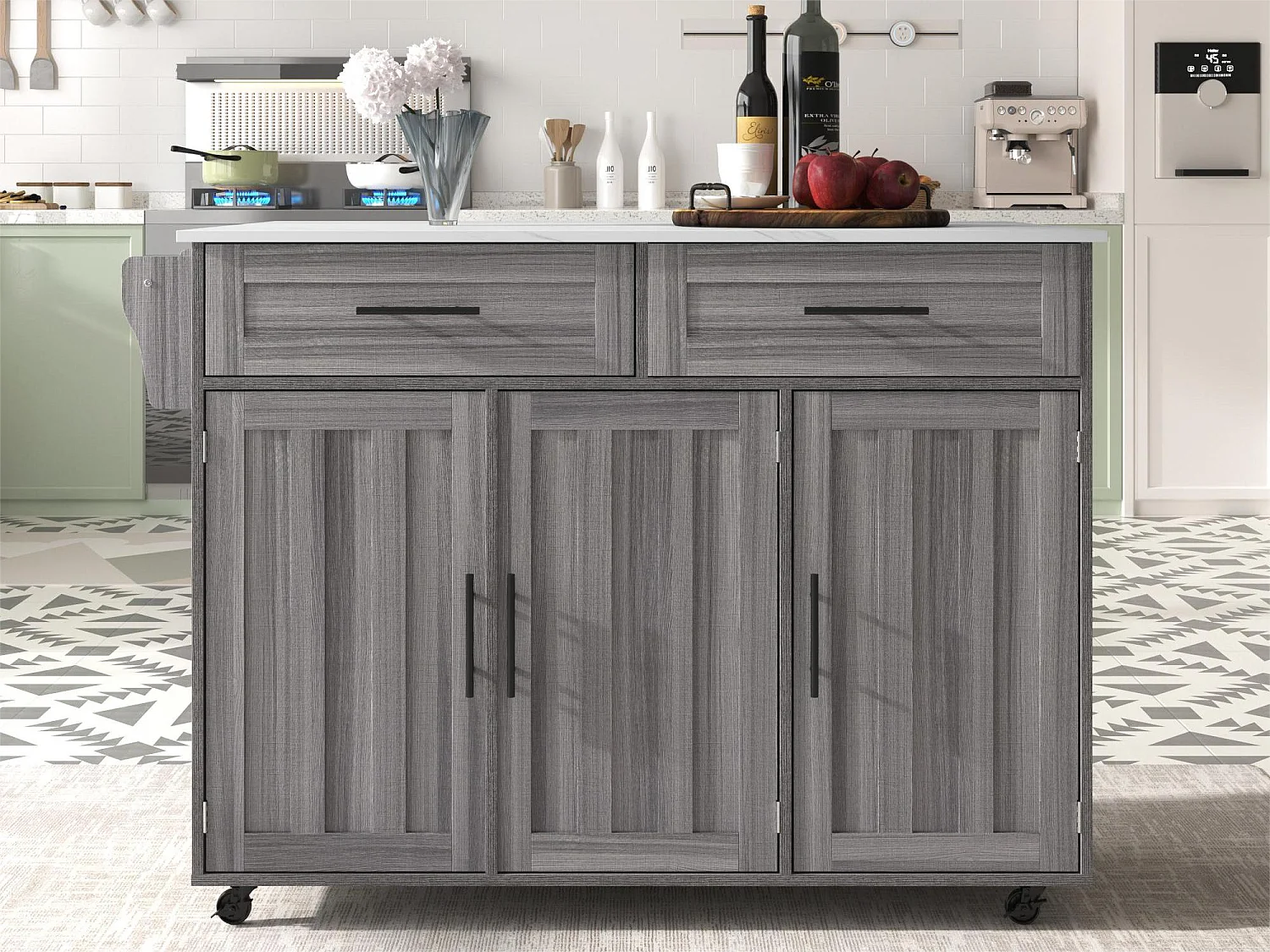 Buffet avec 3 portes et 2 tiroirs - panneau d'extension marbre blanc - 5 roulettes / pieds en bois massif - gris