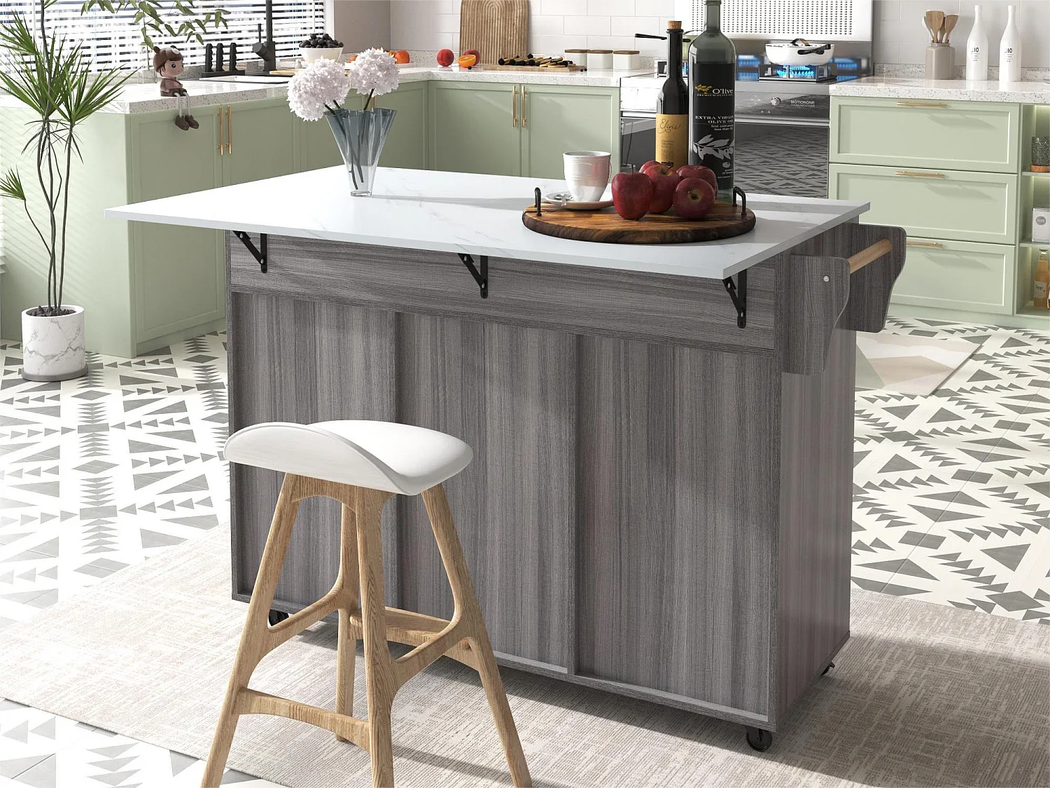 Buffet avec 3 portes et 2 tiroirs - panneau d'extension marbre blanc - 5 roulettes / pieds en bois massif - gris