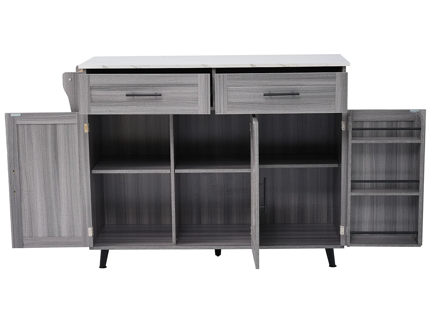 Buffet avec 3 portes et 2 tiroirs - panneau d'extension marbre blanc - 5 roulettes / pieds en bois massif - gris