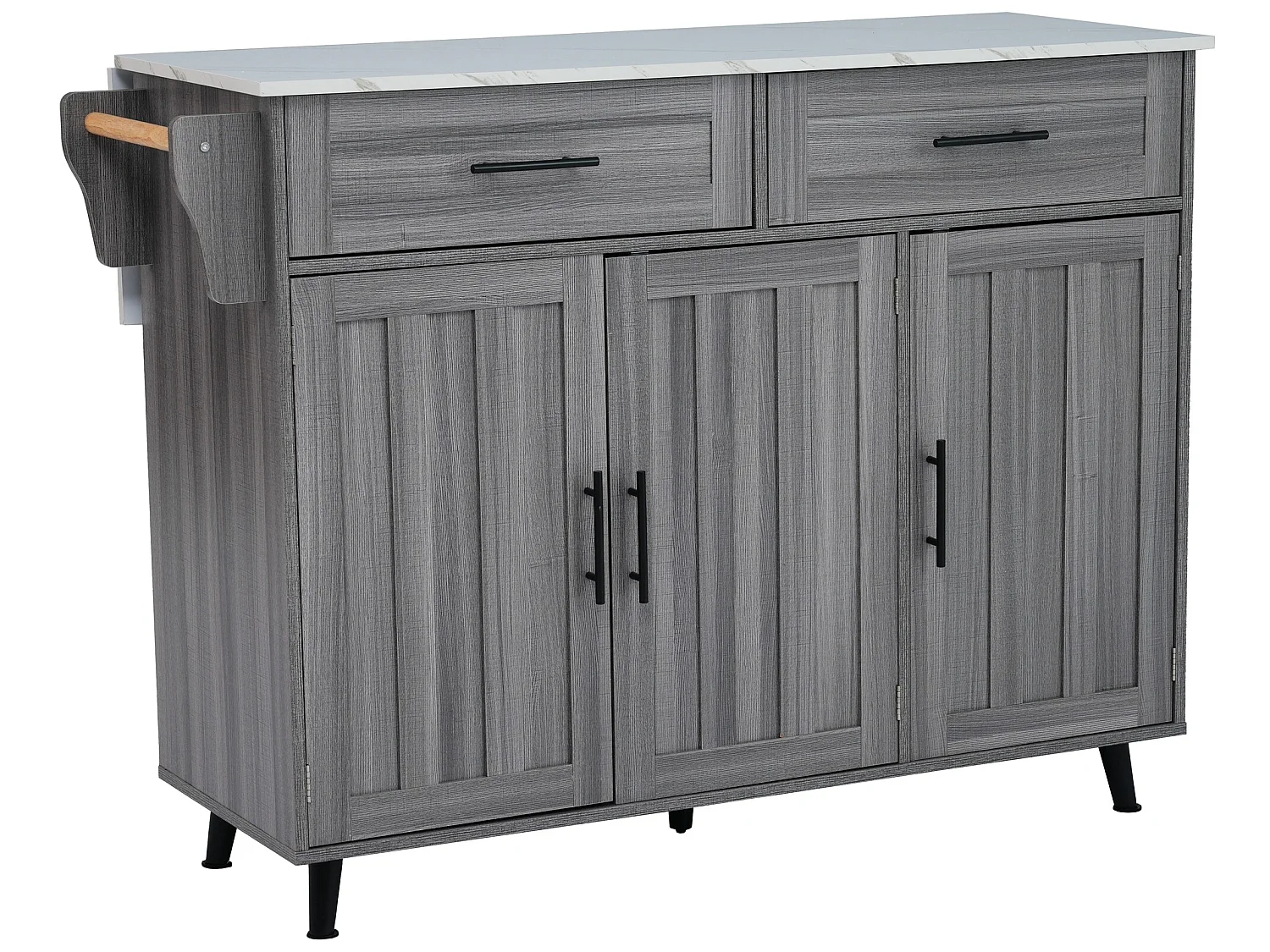 Buffet avec 3 portes et 2 tiroirs - panneau d'extension marbre blanc - 5 roulettes / pieds en bois massif - gris