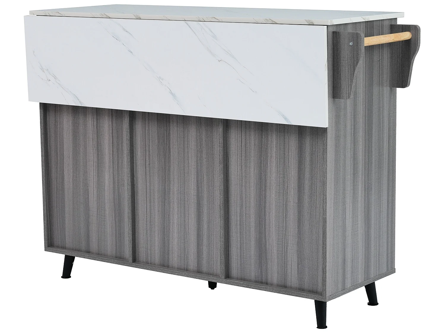 Buffet avec 3 portes et 2 tiroirs - panneau d'extension marbre blanc - 5 roulettes / pieds en bois massif - gris