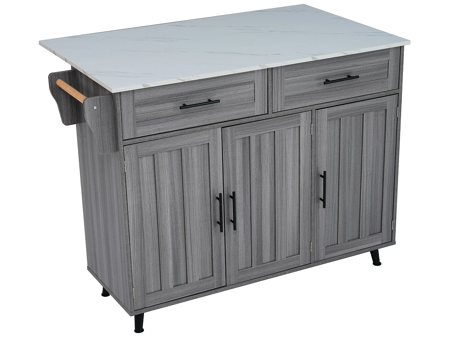 Buffet avec 3 portes et 2 tiroirs - panneau d'extension marbre blanc - 5 roulettes / pieds en bois massif - gris