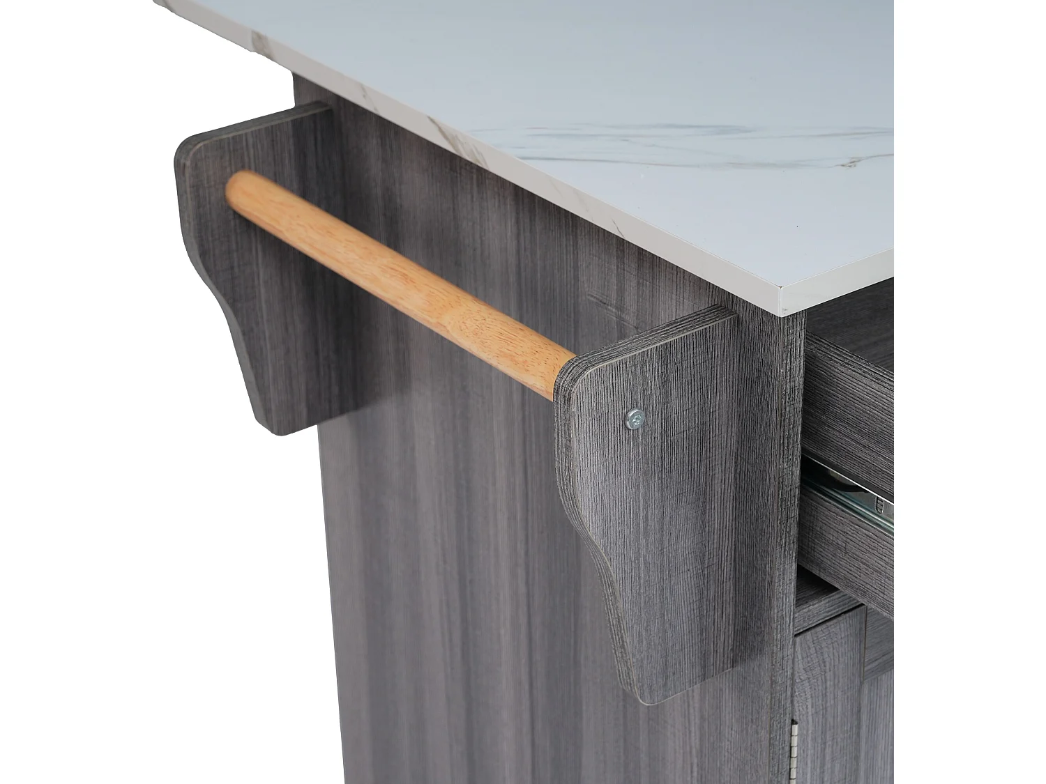 Buffet avec 3 portes et 2 tiroirs - panneau d'extension marbre blanc - 5 roulettes / pieds en bois massif - gris