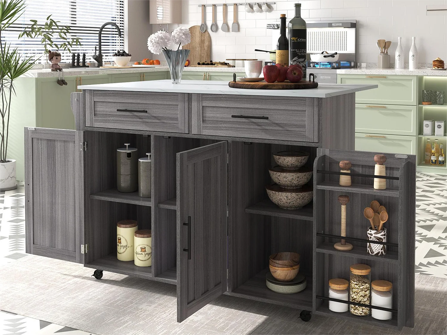 Komoda z 3 drzwiami i 2 szufladami - biały marmurowy panel rozszerzający - 5 kółek / nogi z litego drewna - szara