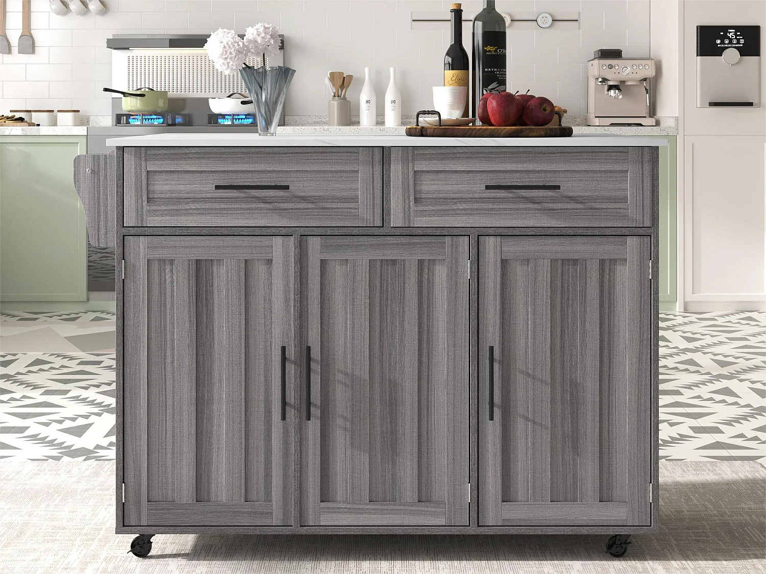 Komoda z 3 drzwiami i 2 szufladami - biały marmurowy panel rozszerzający - 5 kółek / nogi z litego drewna - szara