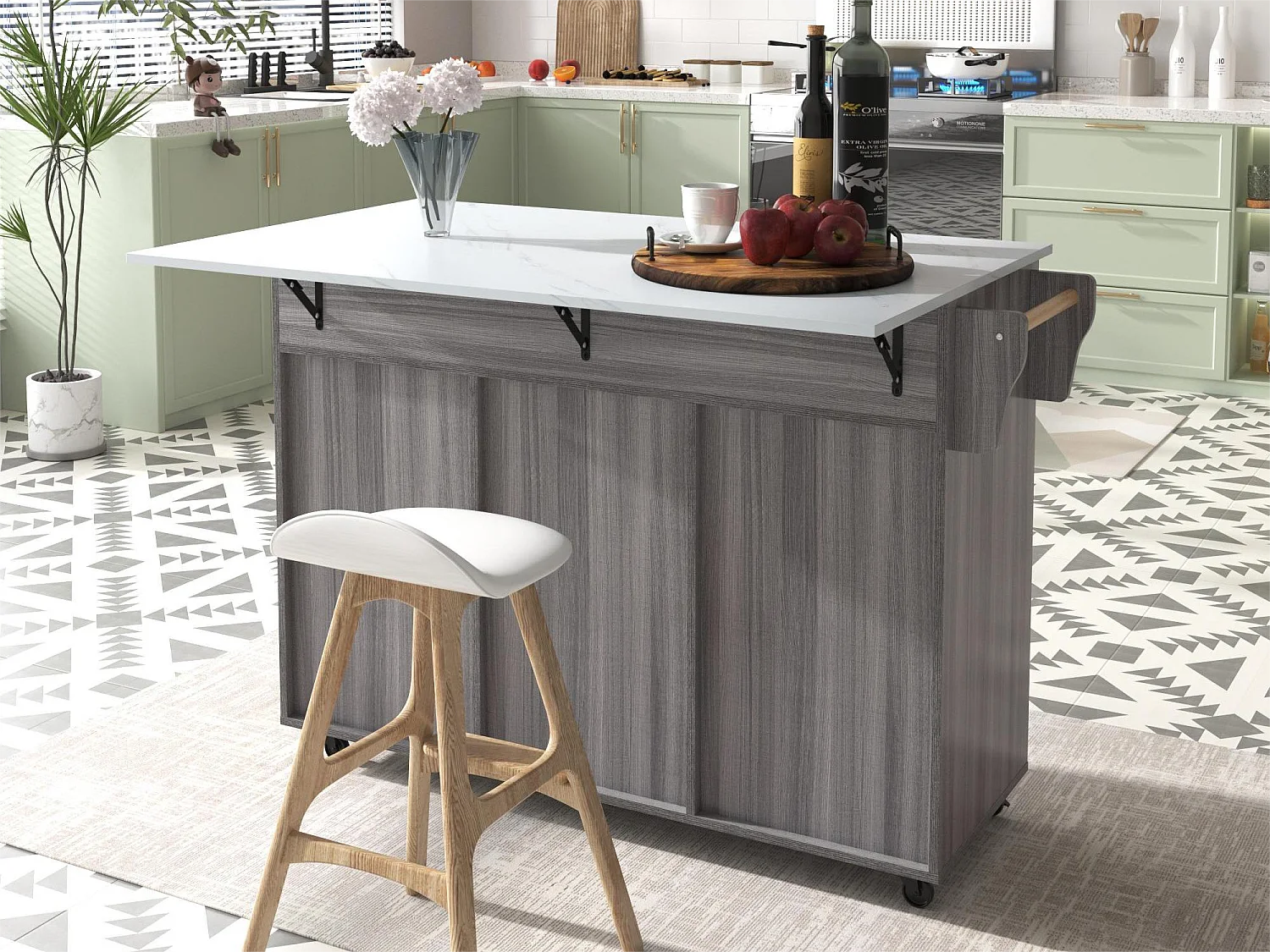 Komoda z 3 drzwiami i 2 szufladami - biały marmurowy panel rozszerzający - 5 kółek / nogi z litego drewna - szara