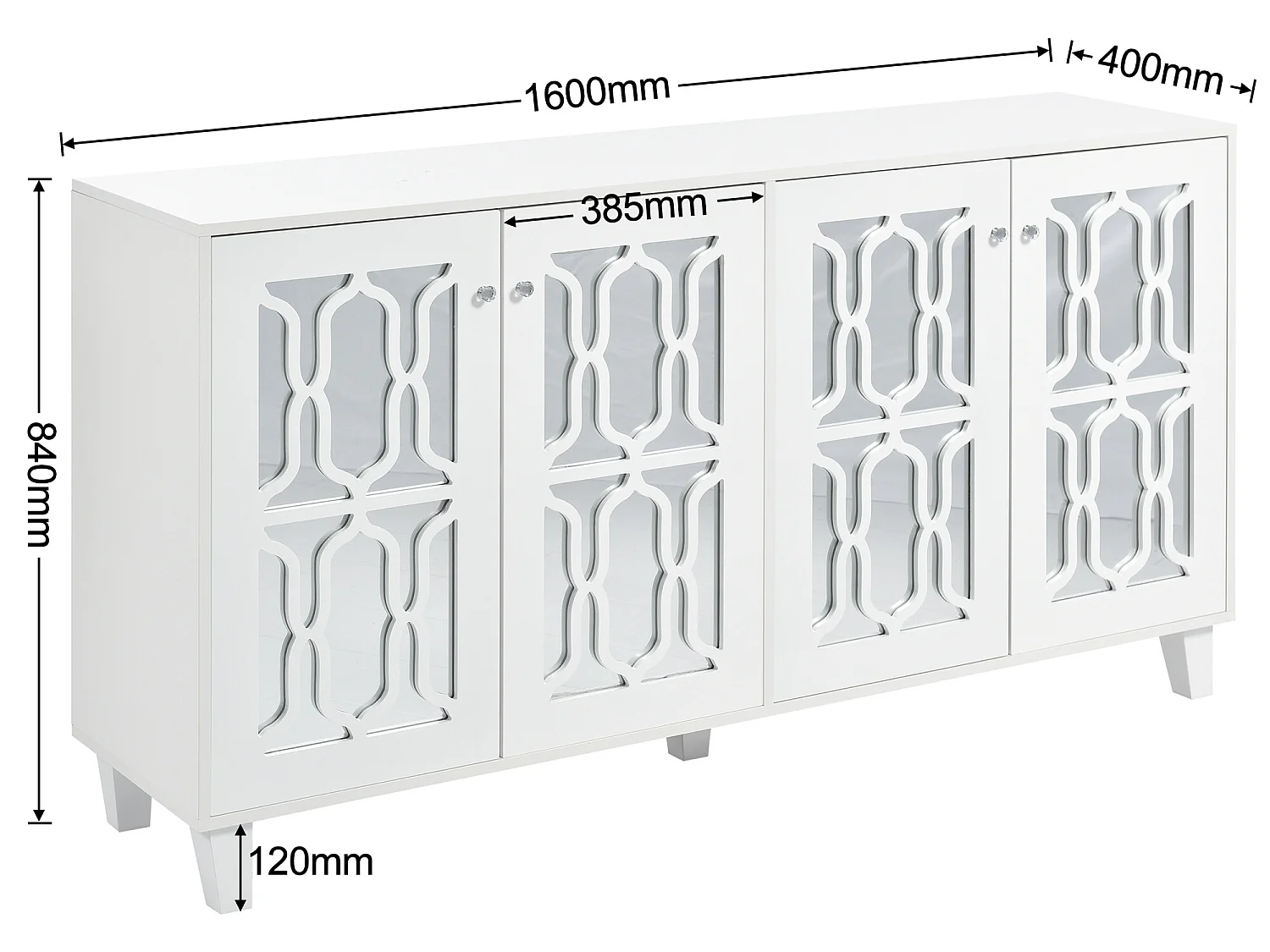 Aparador com 4 portas espelhadas em MDF - prateleira regulável - cor branca