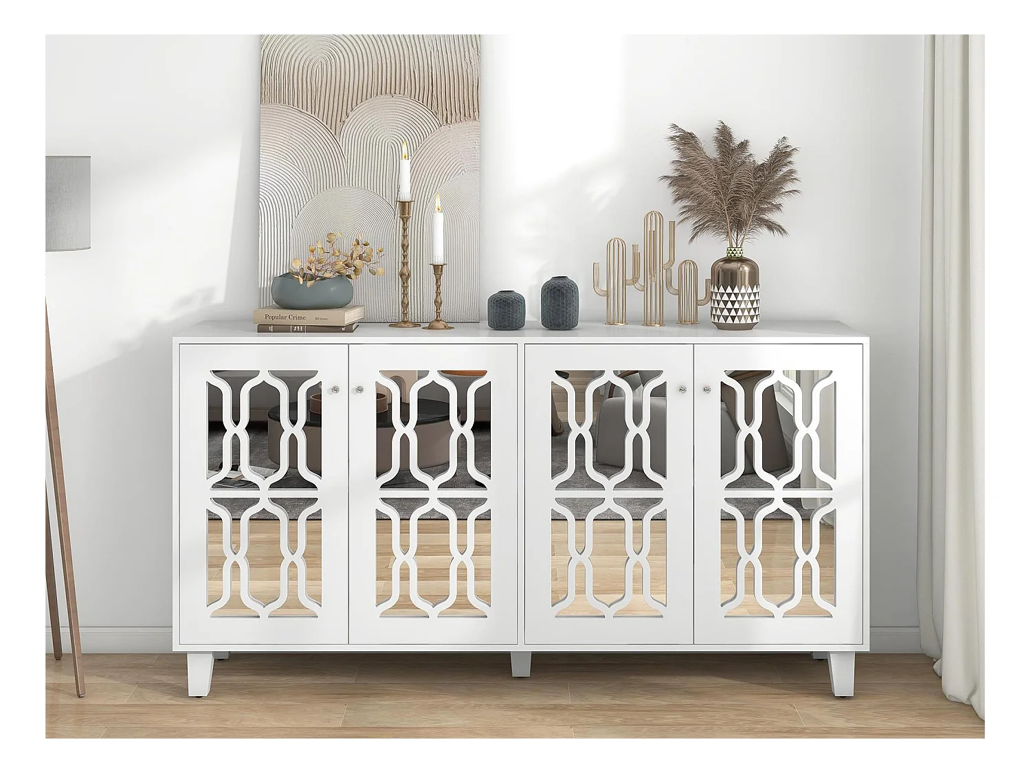 Buffet avec 4 portes miroir en MDF - étagère réglable - coloris blanc