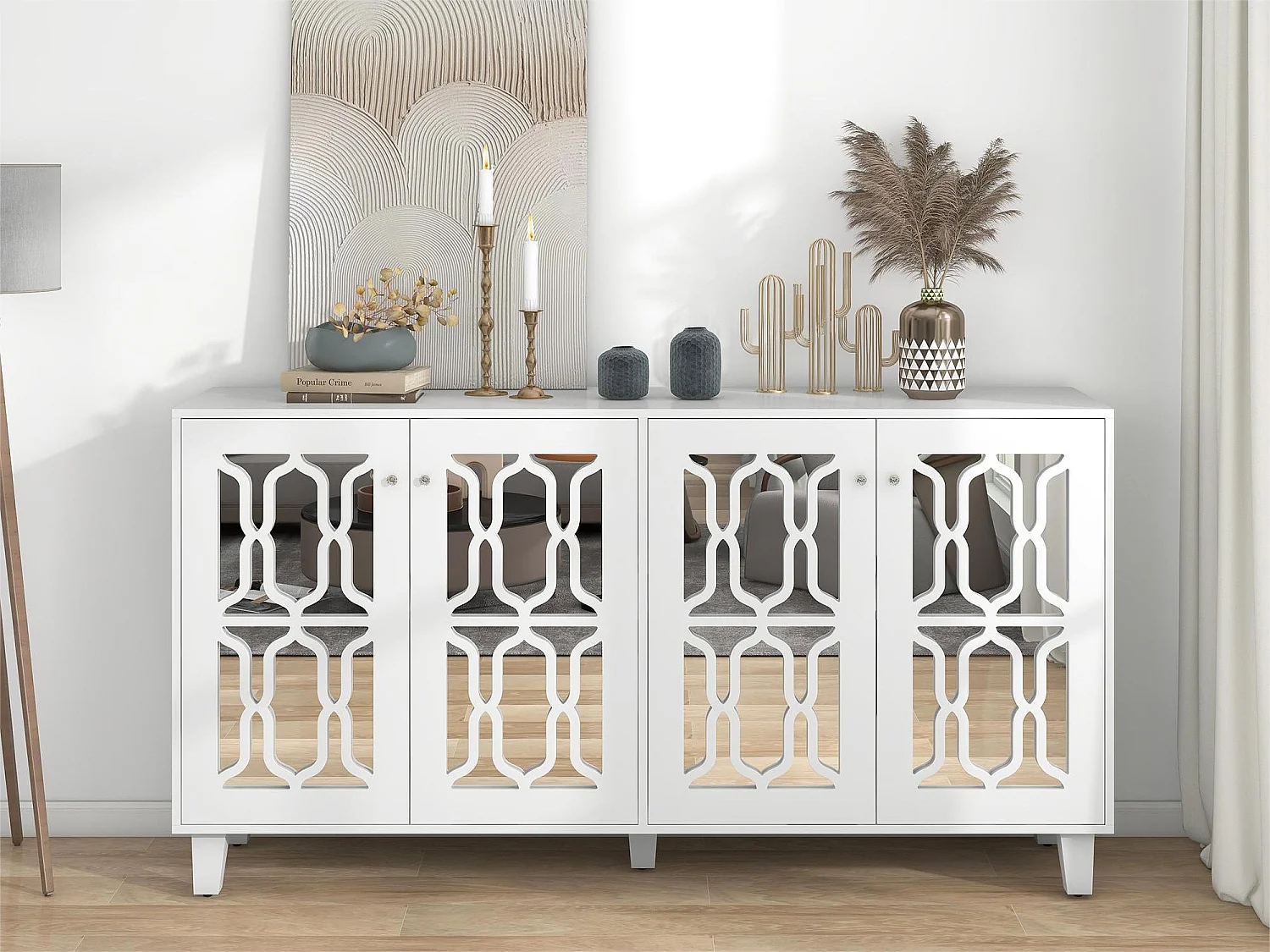 Buffet avec 4 portes miroir en MDF - étagère réglable - coloris blanc