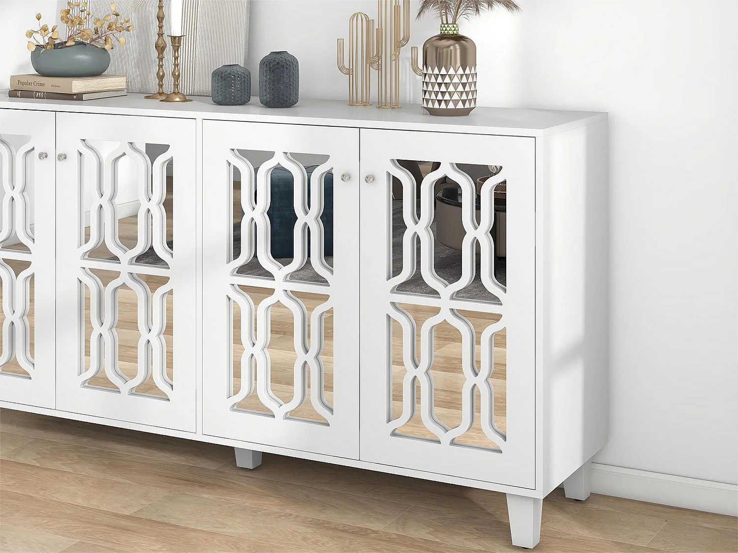 Buffet avec 4 portes miroir en MDF - étagère réglable - coloris blanc