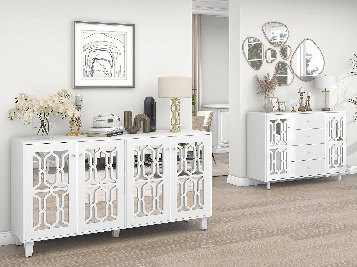 Buffet avec 4 portes miroir en MDF - étagère réglable - coloris blanc