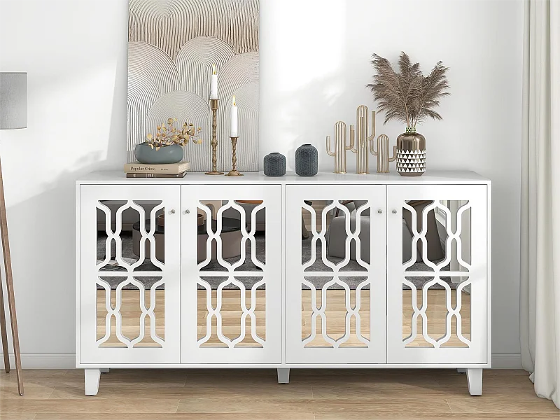 Buffet avec 4 portes miroir en MDF - étagère réglable - coloris blanc