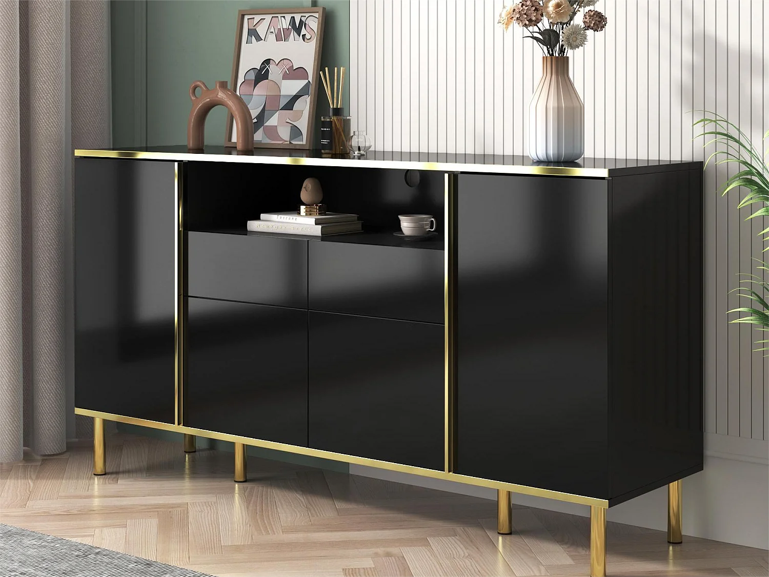 Buffet avec 4 portes et 2 tiroirs en panneaux de particules - leds - noir brillant