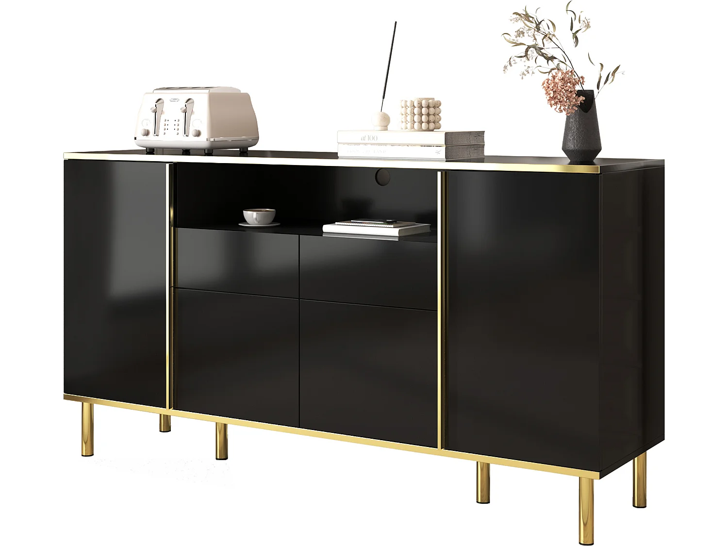 Buffet avec 4 portes et 2 tiroirs en panneaux de particules - leds - noir brillant