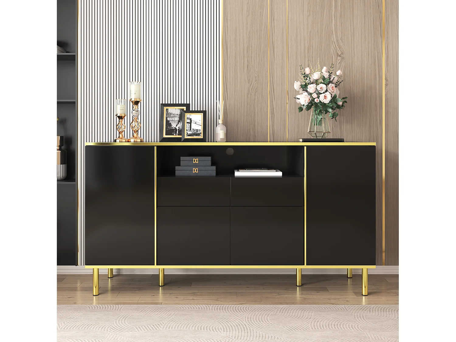 Buffet avec 4 portes et 2 tiroirs en panneaux de particules - leds - noir brillant