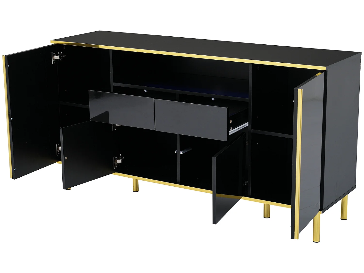 Buffet avec 4 portes et 2 tiroirs en panneaux de particules - leds - noir brillant