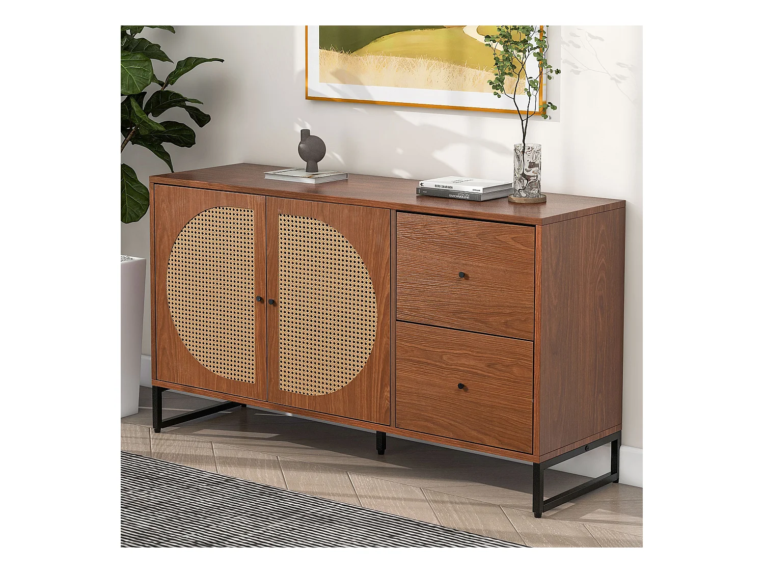 Dressoir met 2 deuren en 2 laden - spaanplaat en metaal - walnoot