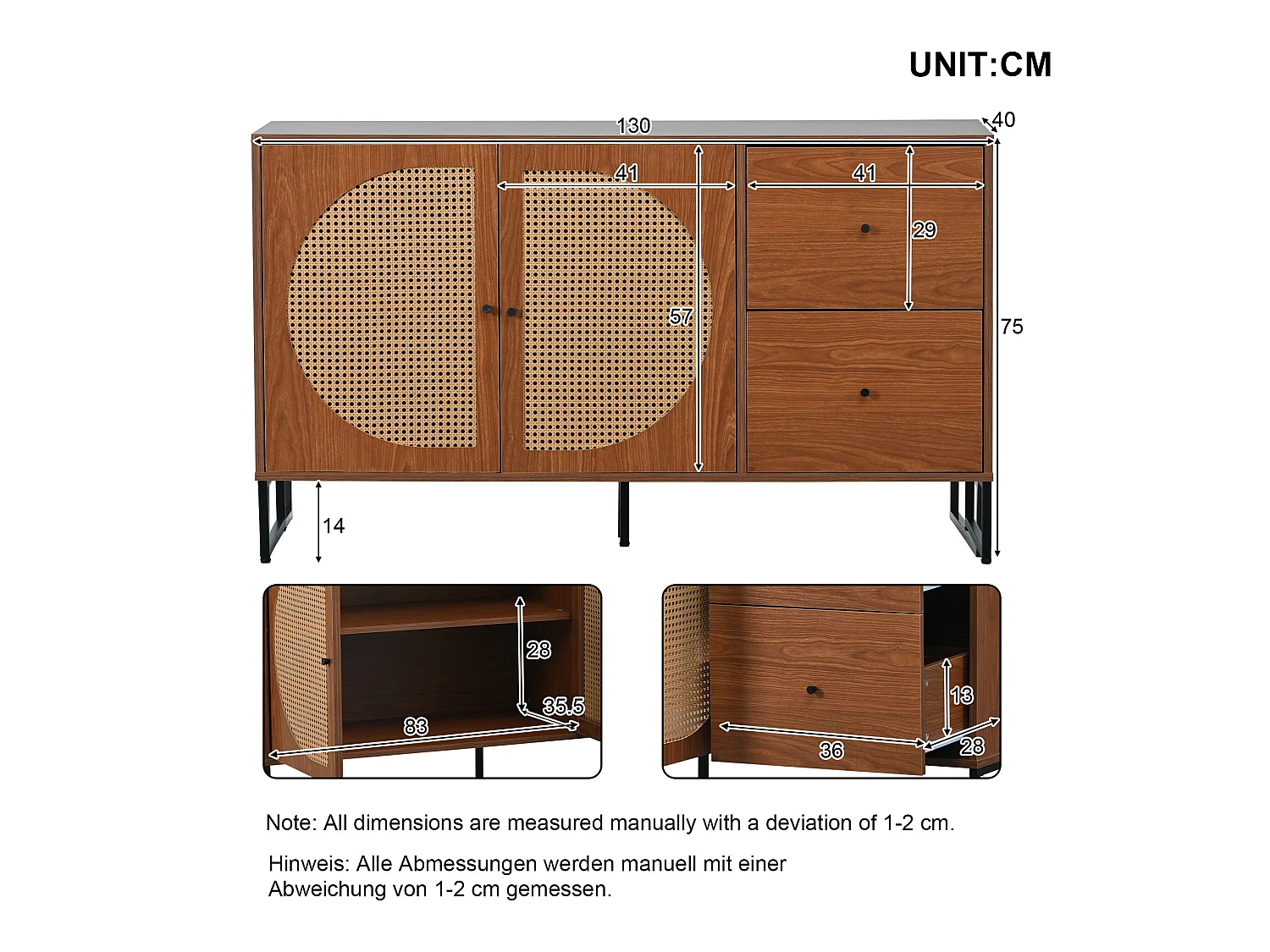 Dressoir met 2 deuren en 2 laden - spaanplaat en metaal - walnoot