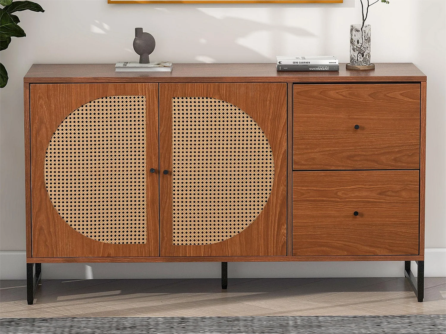 Komoda z 2 drzwiami i 2 szufladami - płyta wiórowa i metal - orzech