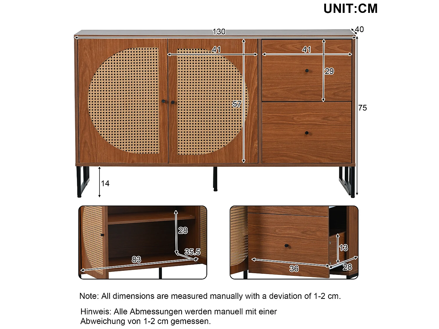 Komoda z 2 drzwiami i 2 szufladami - płyta wiórowa i metal - orzech
