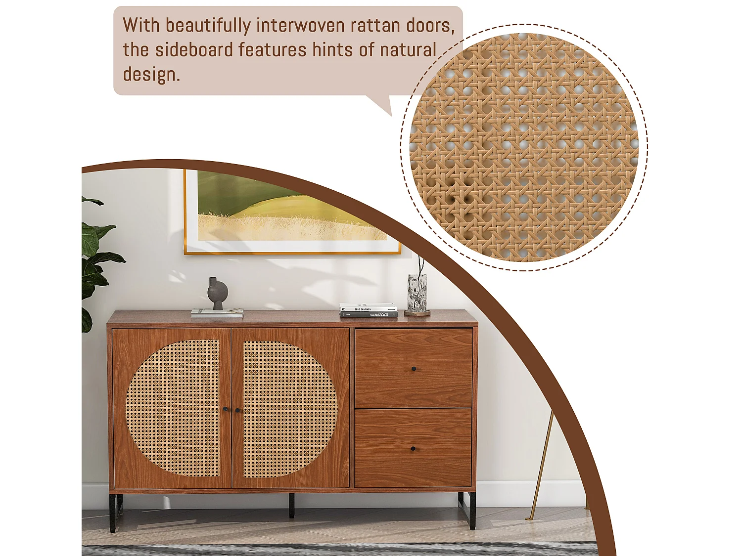 Komoda z 2 drzwiami i 2 szufladami - płyta wiórowa i metal - orzech