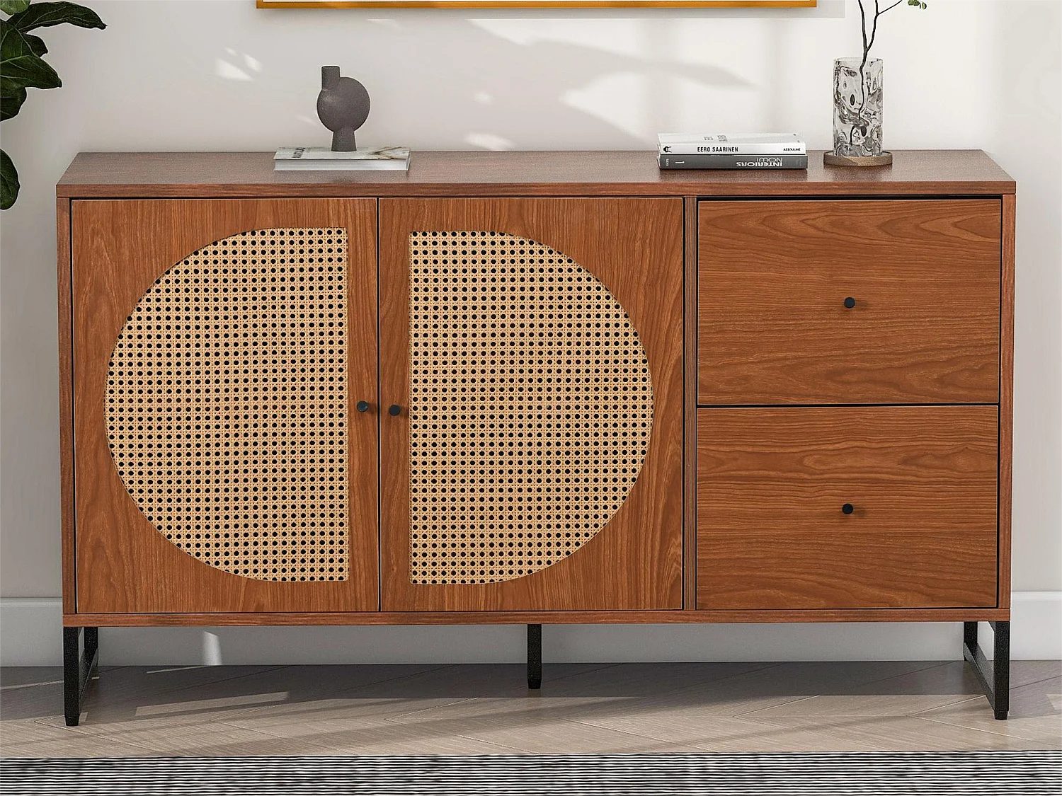 Dressoir met 2 deuren en 2 laden - spaanplaat en metaal - walnoot