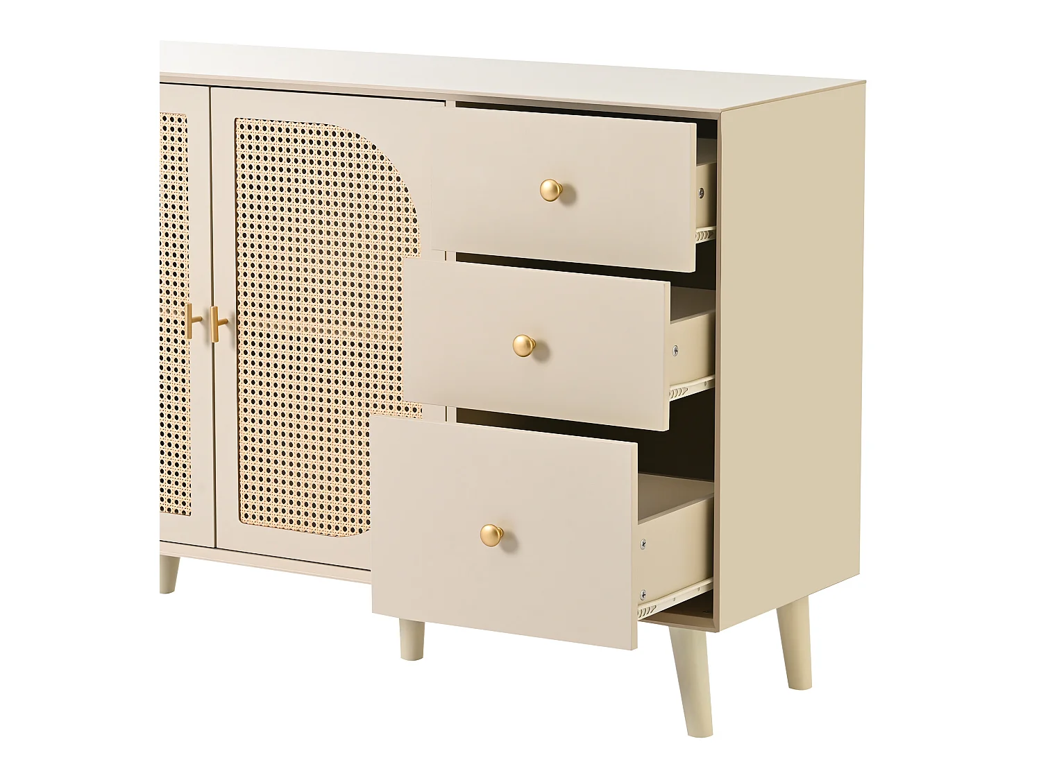 Buffet avec 2 portes et 3 tiroirs en panneaux de particles - effet rotin - coloris crème blanc