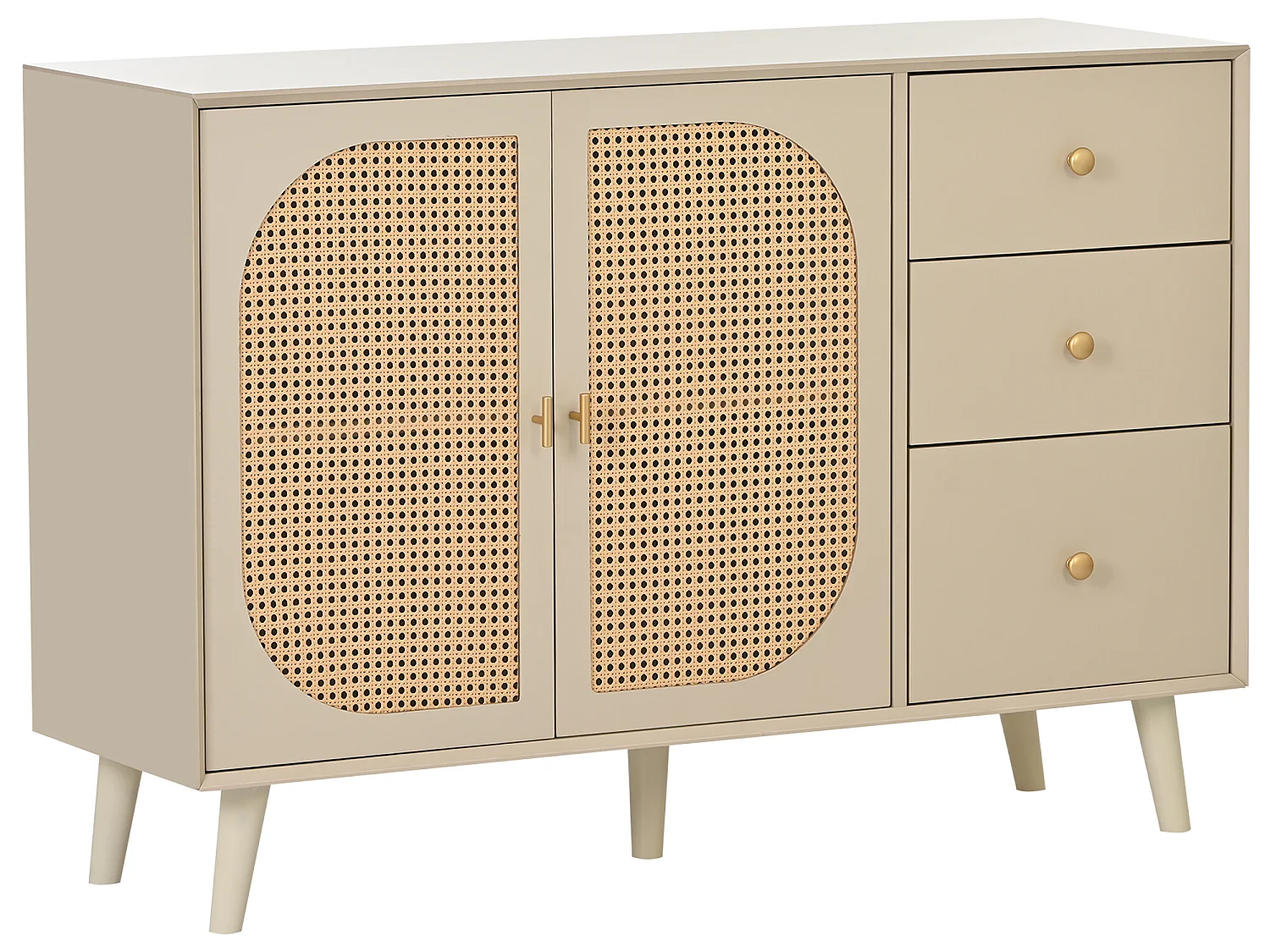 Buffet avec 2 portes et 3 tiroirs en panneaux de particles - effet rotin - coloris crème blanc