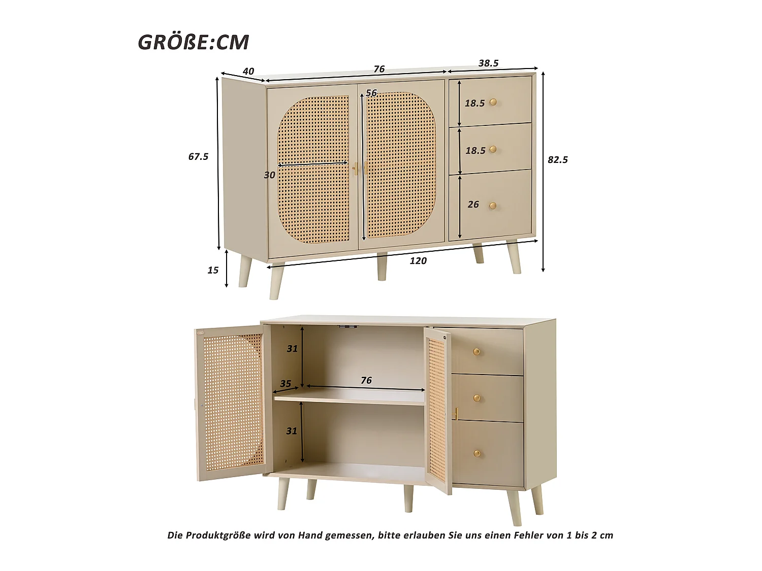 Buffet avec 2 portes et 3 tiroirs en panneaux de particles - effet rotin - coloris crème blanc